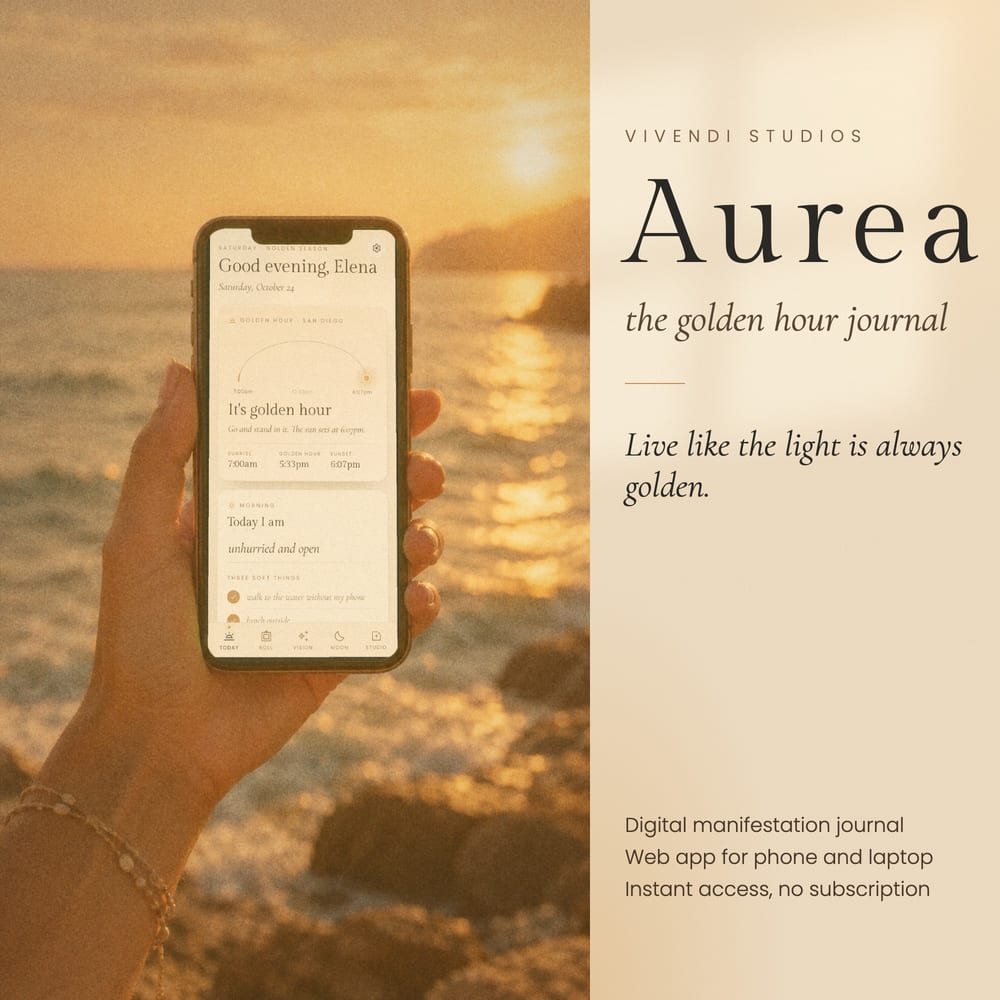 Aurea on a phone in golden light