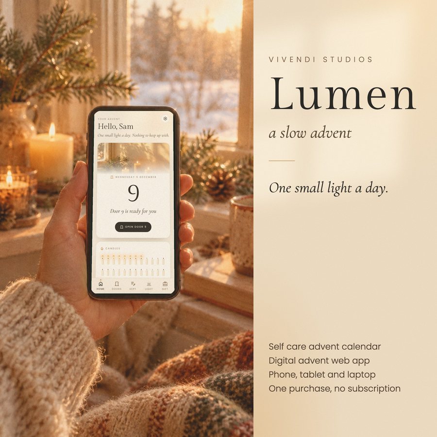 Lumen on a phone held by a candlelit winter window