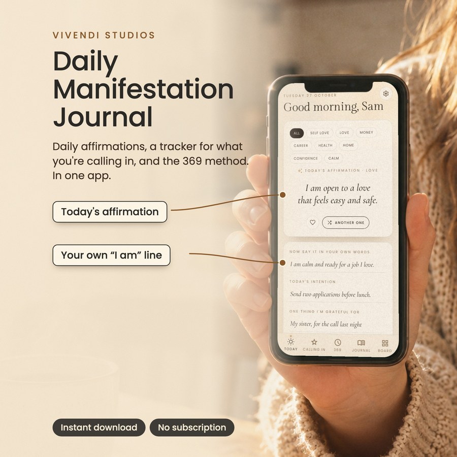 Daily Manifestation Journal on a phone held over a cup of coffee in morning light