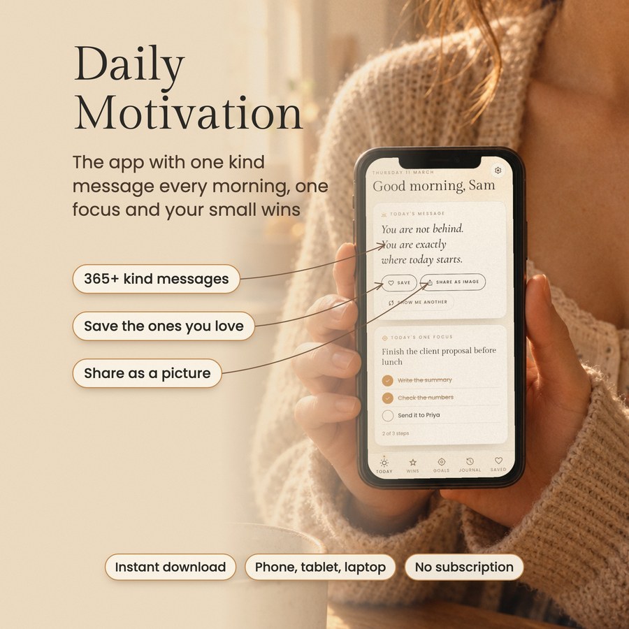 Daily Motivation on a phone held at a breakfast table